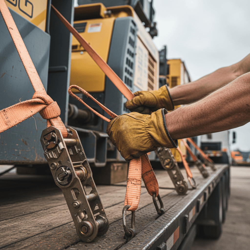 Experienced truck driver's hands securing heavy-duty ratchet straps on flatbed equipment