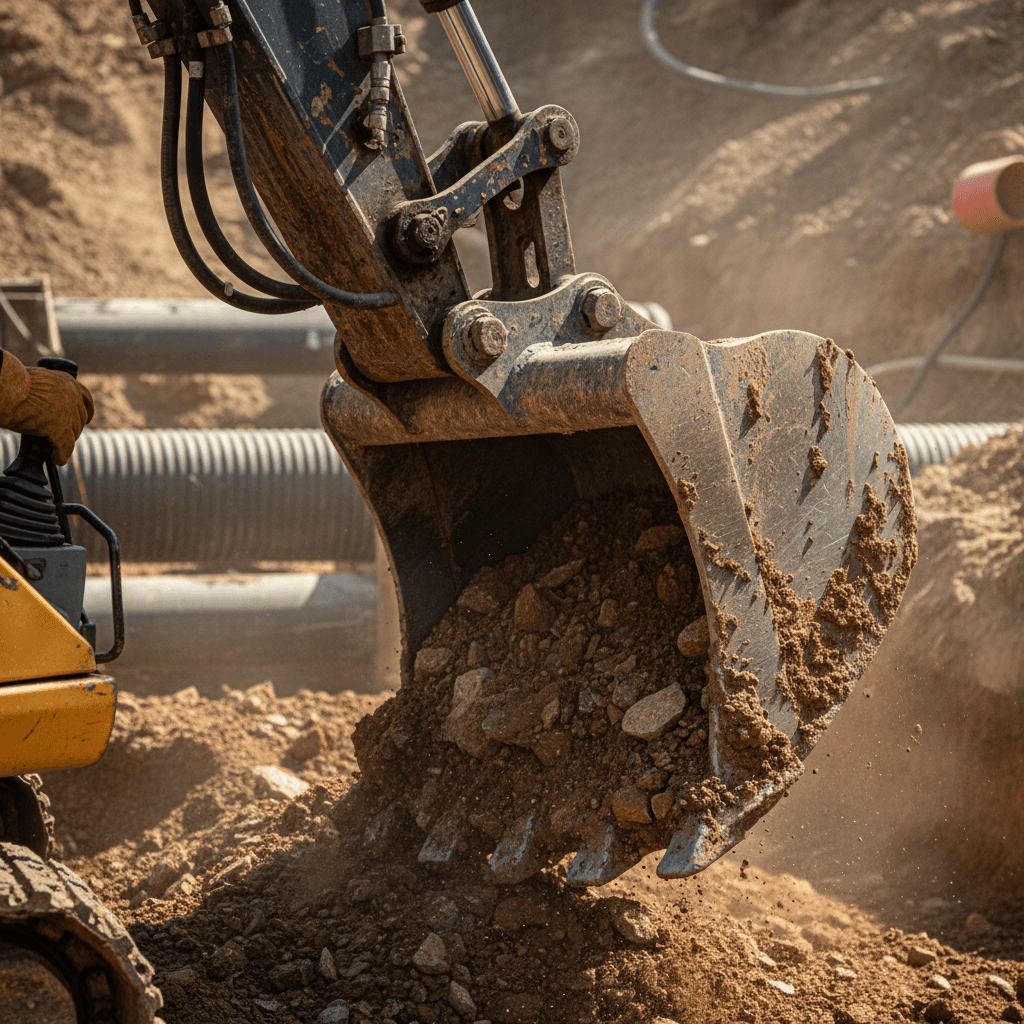 Escavatore in azione durante scavi in cantiere